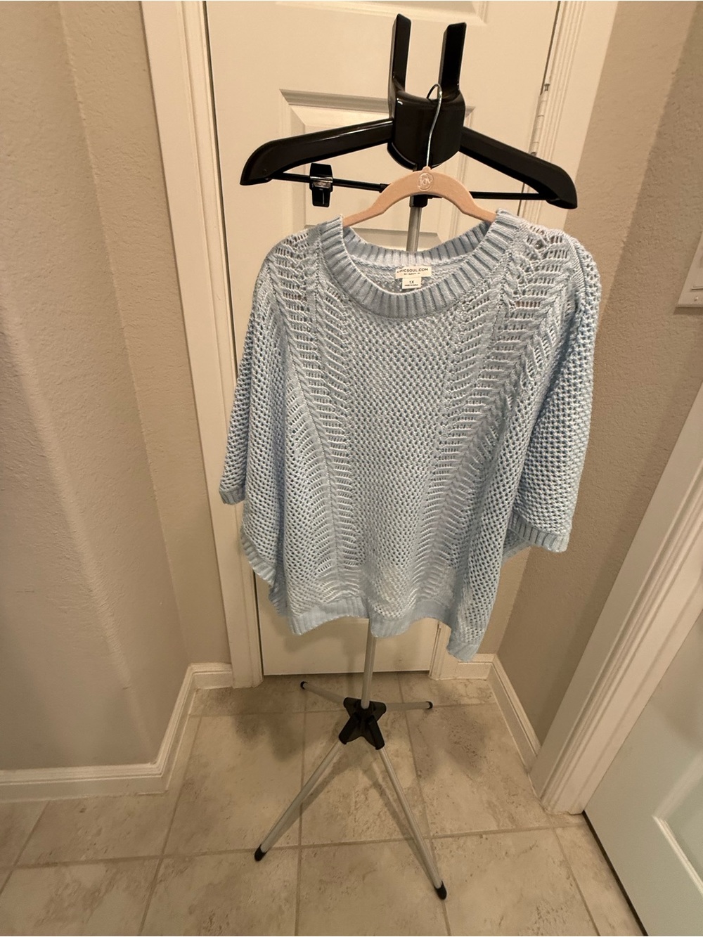 Light Blue Open-Knit Crewneck Sweater — Women's Casual Pullover